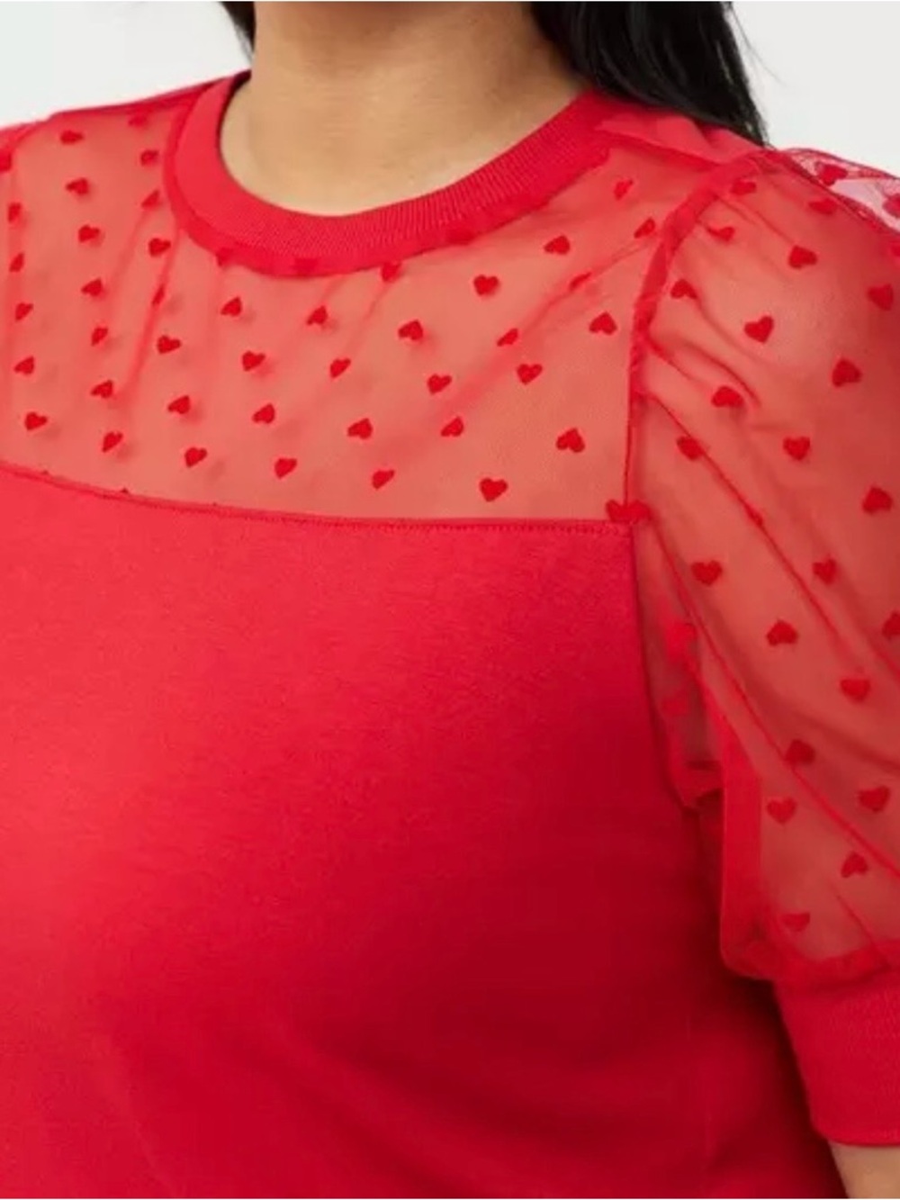 Torrid Red Heart-Embroidered Mesh Yoke Puff Sleeve Top 3x